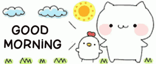 a cat and a chicken are standing next to each other with the words good morning written below them