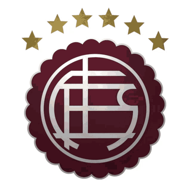 a maroon and white logo with five gold stars on top