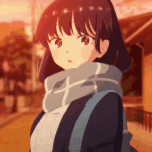 a girl with a scarf around her neck is wearing a blue backpack
