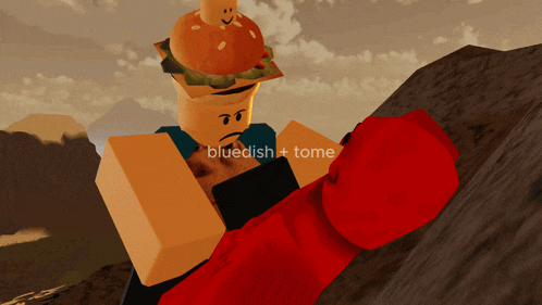 a cartoon character with a hamburger on his head and the words bluedish + tome on the bottom right