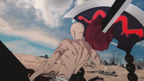 a bald man is being attacked by a red dragon on a black axe