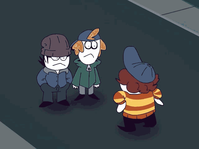 three cartoon characters standing next to each other with one wearing a striped sweater