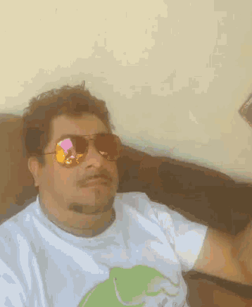 a man wearing sunglasses and a white t-shirt with a green elephant on it
