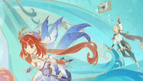 a girl with red hair is flying in the air with a man