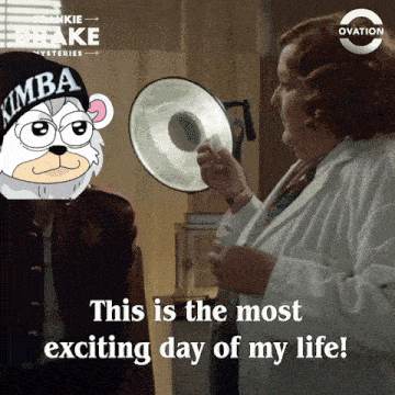 a cartoon bear wearing a kimba hat talks to a woman