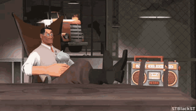 a man sits in a chair with his feet up in front of a radio