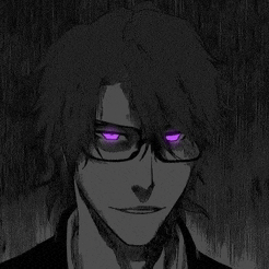 a black and white drawing of a man wearing glasses and purple eyes .