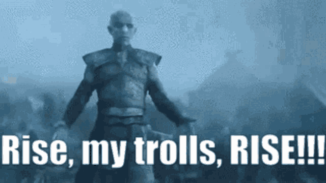 a man in armor is standing in front of a crowd with the words rise my trolls rise !