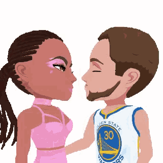 a cartoon of a man and woman kissing with the man wearing a golden state warriors jersey