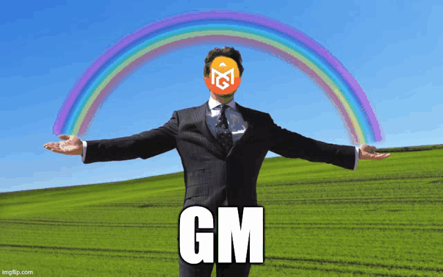 a man in a suit is standing in front of a rainbow with the word gm written below him
