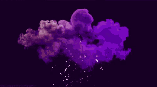a purple smoke explosion with sparks coming out of it on a dark background .