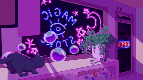 a cartoon drawing of a cat looking out a window with a neon sign that says open