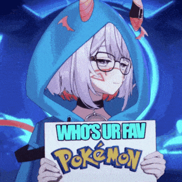 a girl in a blue cape is holding a sign that says who 's ur fav pokemon