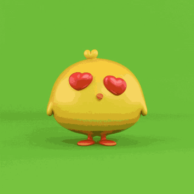 a cartoon chicken with red hearts in its eyes