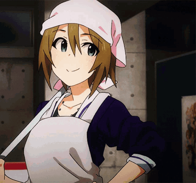 a girl wearing an apron and a head scarf