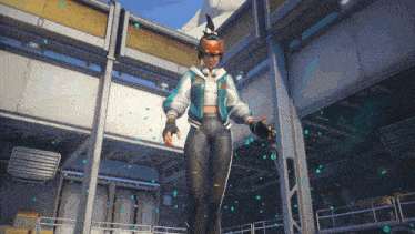 a woman with a mask on her head stands in a building
