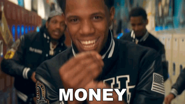 a man in a varsity jacket with the word money written on it