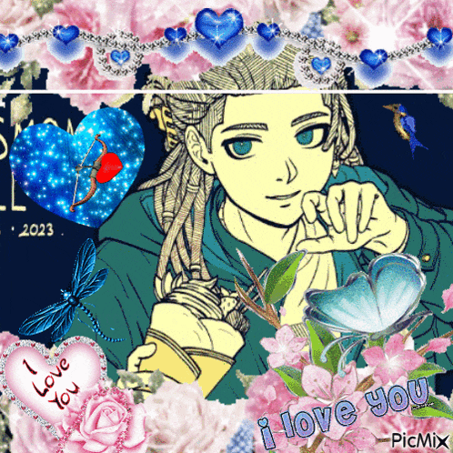 a picture of a man and a woman with flowers and hearts and the words i love you