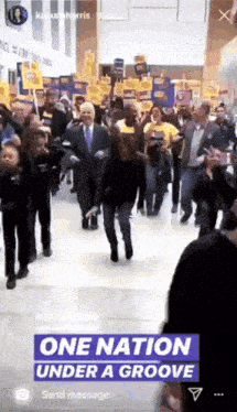 a group of people are dancing in a hallway with the words one nation under a groove on the bottom