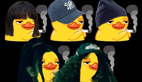 a group of rubber ducks are wearing hats and smoking