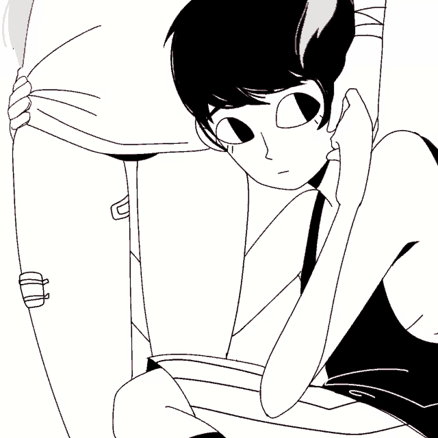 a black and white drawing of a girl with a pink ponytail