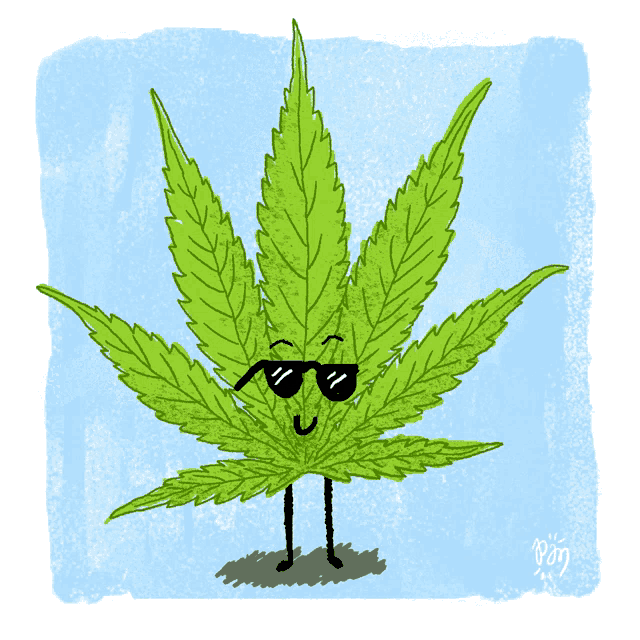 a drawing of a marijuana leaf wearing sunglasses and a face