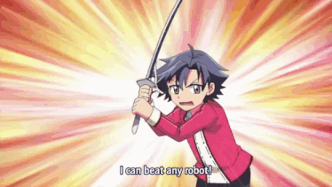 a boy in a red jacket is holding a sword and says i can beat any robot