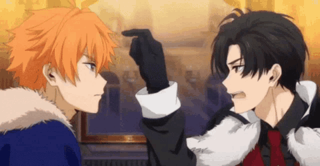 a couple of anime characters standing next to each other .