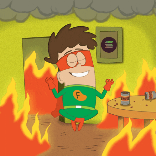 a cartoon of a superhero with a can of beans on a table