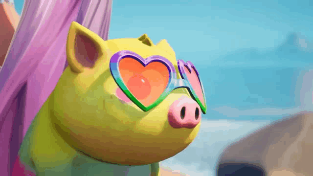 a cartoon pig wearing heart shaped sunglasses looks at something