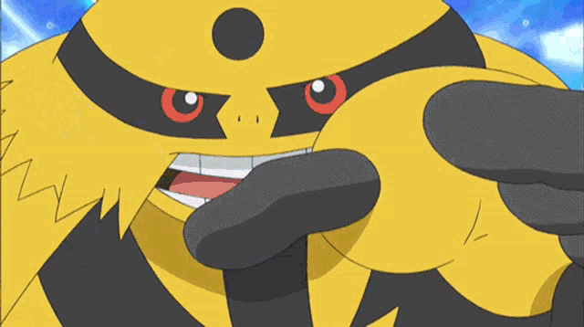 a yellow and black cartoon character with red eyes is holding something