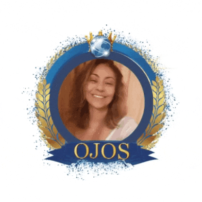 a picture of a woman in a blue and gold circle with the word ojos on the bottom