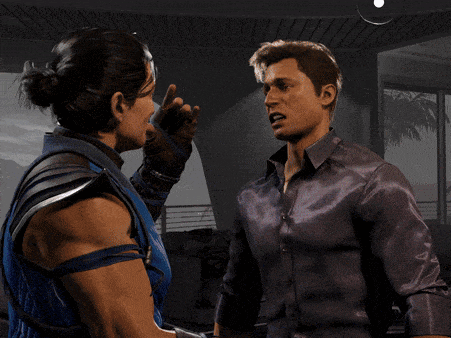 a man in a leather jacket is kissing another man in a blue vest