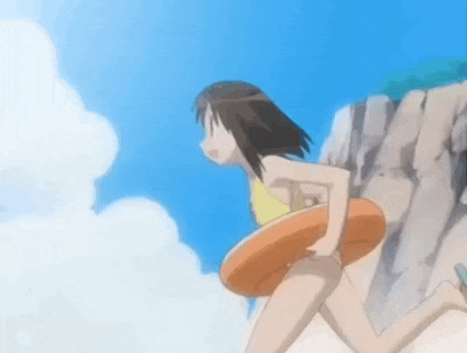 a girl in a bathing suit is running on a beach with a float .