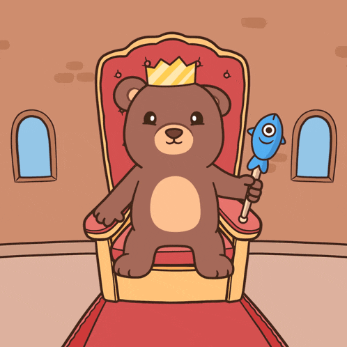 a teddy bear wearing a crown is sitting on a throne holding a fish wand