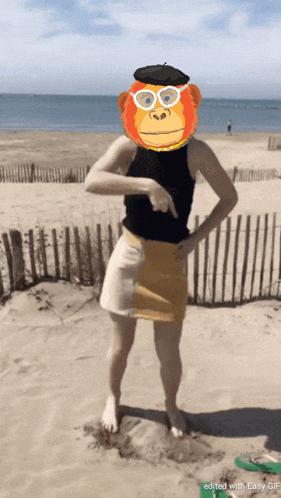 a woman standing on a beach with a monkey head on her head