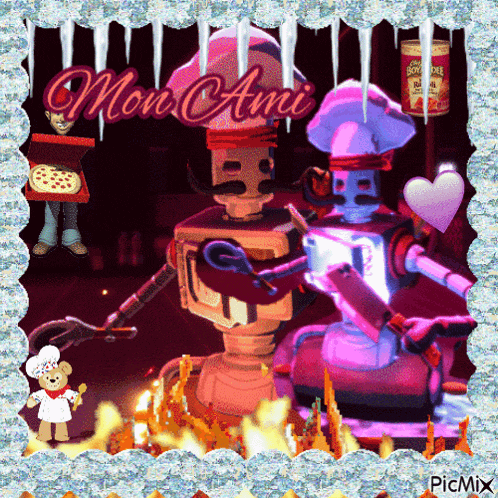 a picture of a man holding a pizza box and two robots with the words mon ami written above them