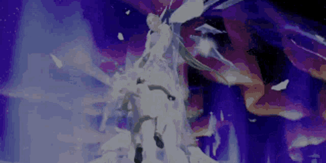 a woman in a white dress is standing in the middle of a purple and blue background .