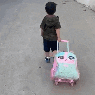 a young boy is pushing a pink suitcase down a road .