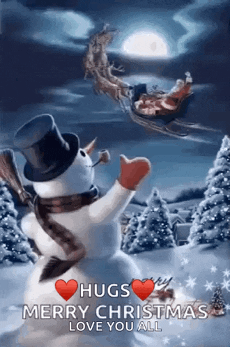 a snowman in a top hat and scarf is standing in front of a sleigh with santa in it .