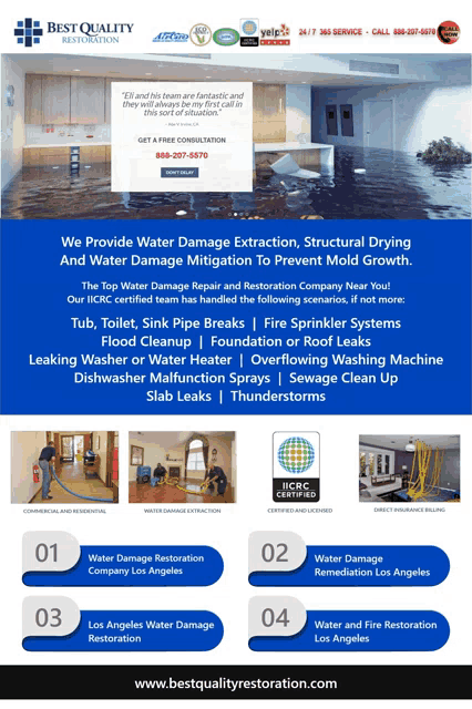 a flyer for best quality restoration shows pictures of a flooded kitchen
