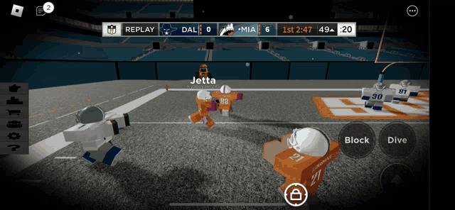 a football game is being played on a cell phone and jetta is playing for dallas