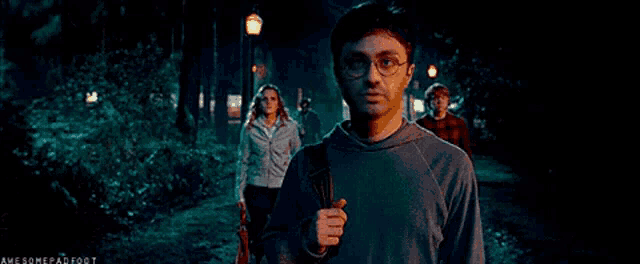 harry potter , hermione granger and ron weasley are walking through a forest at night .