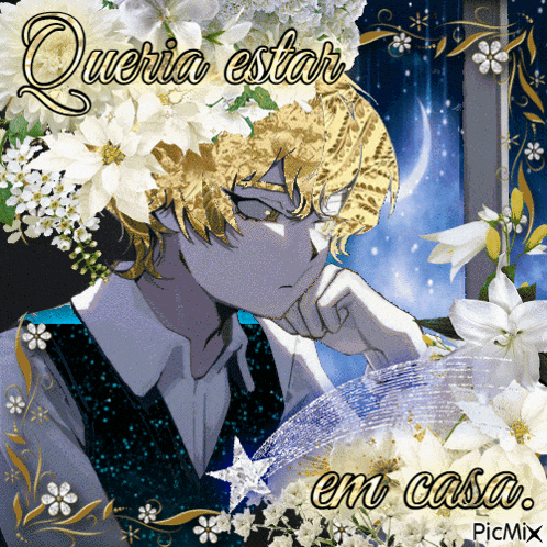 a picture of a man with flowers on his head and the words queria estar em casa on the bottom