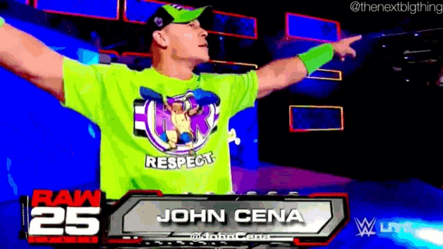 a man in a green shirt with respect on it