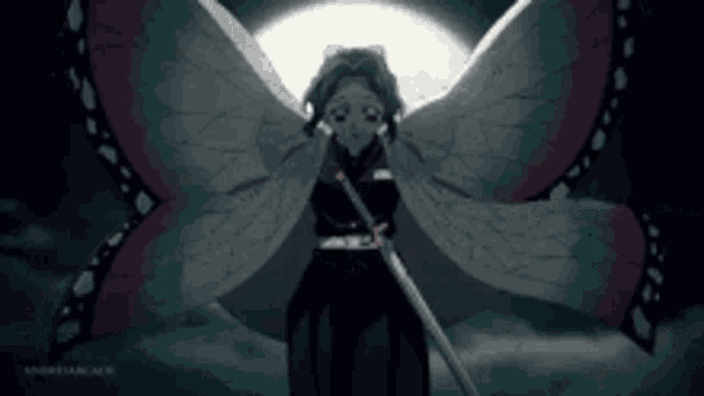 a girl with butterfly wings is holding a sword in her hands .