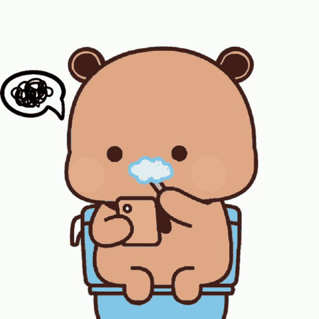 a cartoon bear is sitting on a toilet with a cell phone