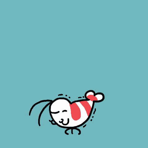 a cartoon drawing of a shrimp with a bow around its neck