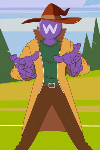a cartoon character with a purple head with a w on it