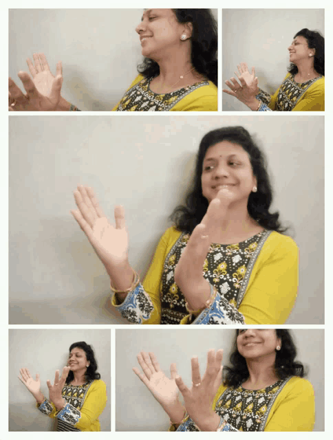 a woman in a yellow shirt applauds with her hands